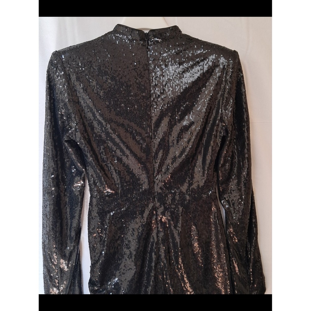 House‎ of CB Black Sequin Mock Neck Long Sleeve Ruched Lace Trim Mini Dress S - Picture 8 of 14